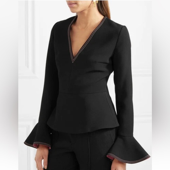 ROKSANDA Black Pink Topstitching PRILA Peplum Bell Sleeve Cady Blouse 8 business